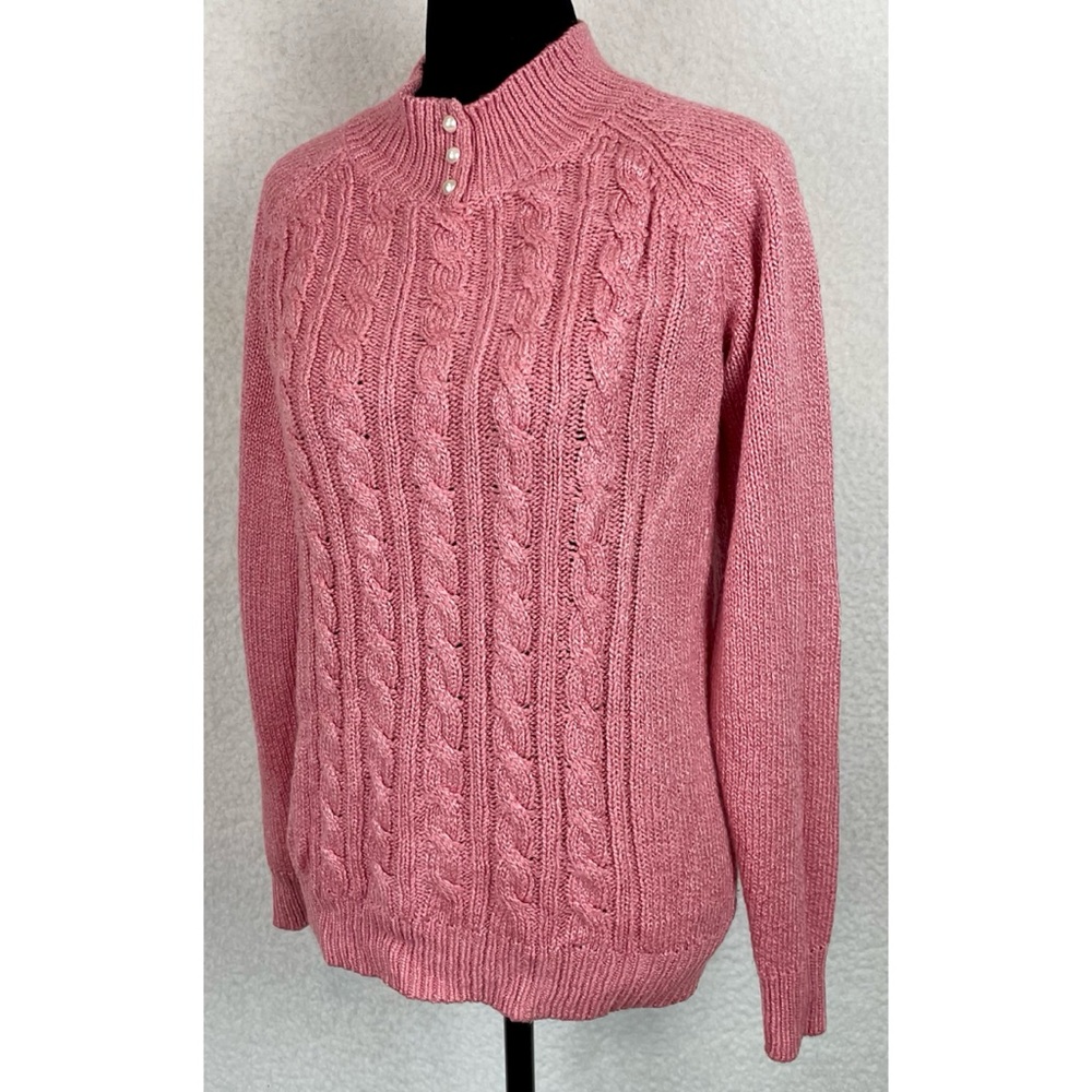 KAREN SCOTT • Dusty Pink Cable Knit Faux Pearl Button Mock-neck Sweater, S - Picture 4 of 16